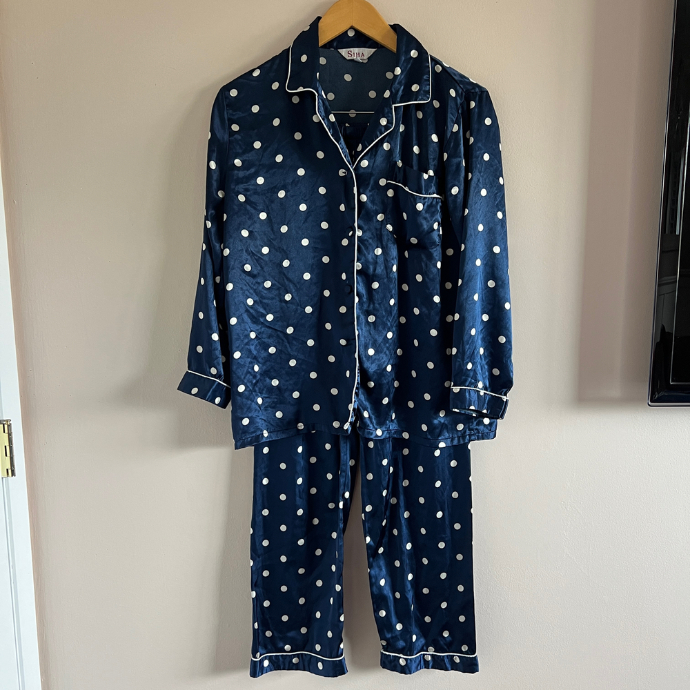 Siha Navy Polka Dot Satin Pajama Set – Size S